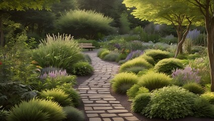 Garden Pathway Surrounded by Lush Greenery and Vibrant Flowers in a Tranquil Landscape .