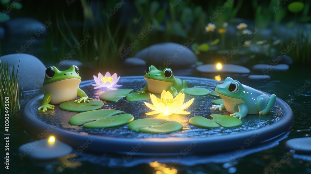 Wall mural Three cartoon frogs sitting on lily pads in a serene pond with glowing flowers.