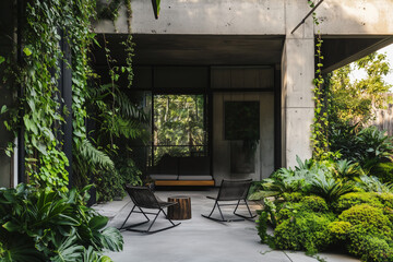 A clean, minimalist concrete patio featuring sleek outdoor furniture with neutral cushions.a green backyard area
