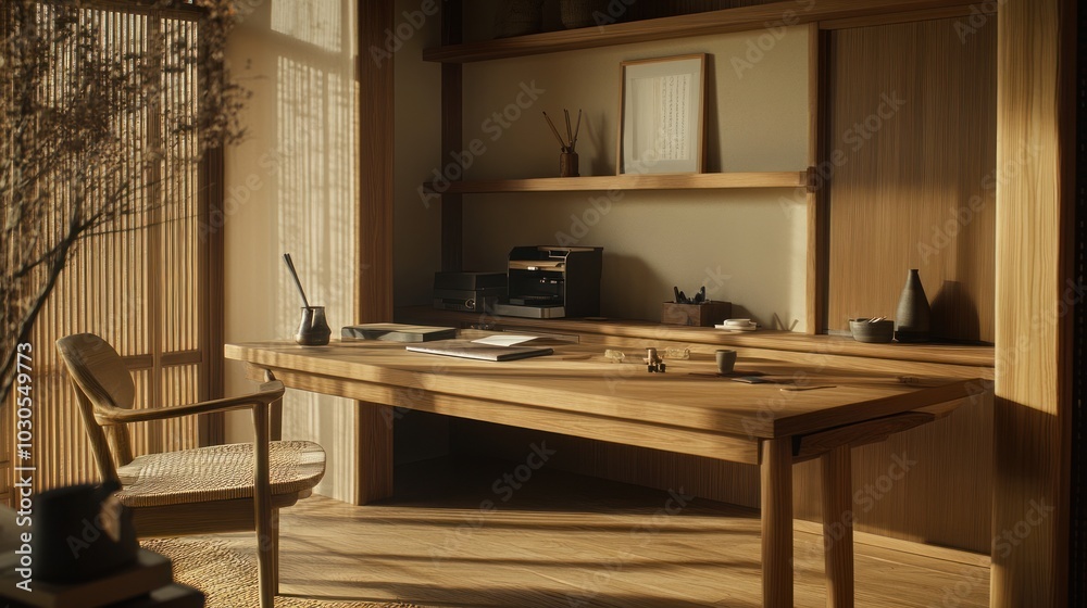 Wall mural A serene wooden office space with a desk, chair, and minimal decor for productivity.