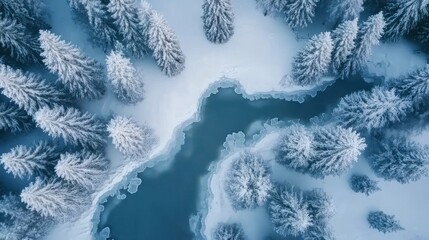 Frozen River in a Snowy Forest