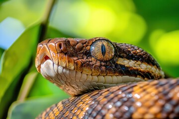 Obraz premium Close-up of a snake showcasing its scales and eye against a blurred green background.