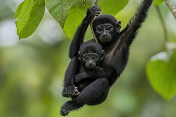 Obraz premium Two black monkeys hanging from a branch, showcasing a nurturing bond in their natural habitat.