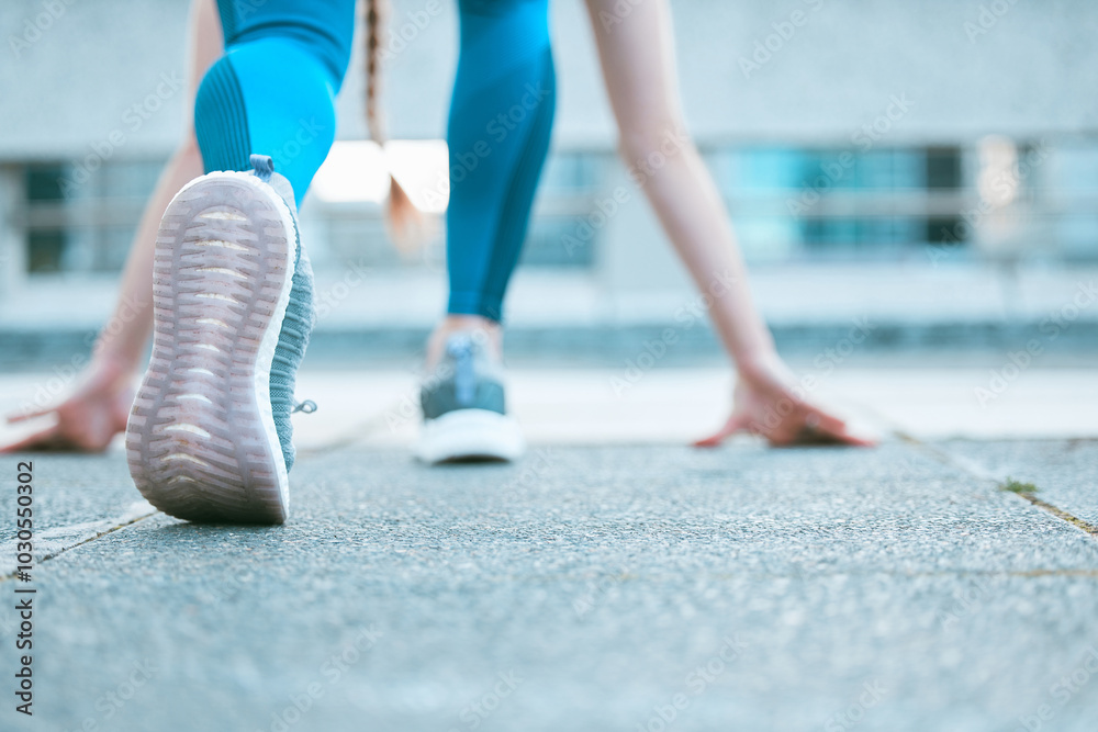 Sticker Back, person and shoes in city for fitness, training and start of race for exercise. Woman, runner and sneakers on asphalt for challenge, wellness and leg muscle development with cardio for growth