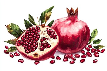 Pomegranate isolated. Pomegranate with seeds and leaves on white background. Pomegranate composition with clipping path. Full depth of field
