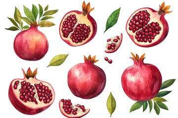 Pomegranate isolated. Pomegranate with seeds and leaves on white background. Pomegranate composition with clipping path. Full depth of field