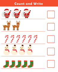 Christmas activity sheet. Count and write numbers 1-5. Counting objects worksheet for kids. Educational fun game for children. Kindergarten Counting Worksheet.