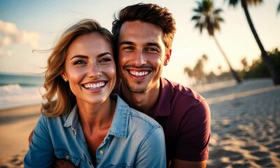 A joyful couple embraces the beauty of a sunset while walking hand in hand on the beach. Their smiles reflect happiness as waves crash softly nearby, creating a magical moment