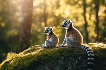 Fototapeta premium Two lemurs sitting on a moss-covered rock in a sunlit forest.