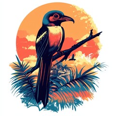 Cuban Trogon - Vibrant Illustration with Palm Settings and Tropical Background