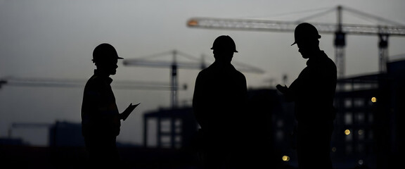 Obraz premium Construction Workers Silhouetted at Dusk with Cranes in Background