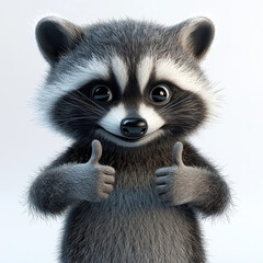 Obraz premium 3d funny cartoon raccoon with a thumbs up gesture, close-up, isolated, on a white background. Cheerful character. Illustration, decor, print for clothes, design for printing on fabric, paper, plastic,