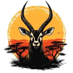 Vibrant Artistic Portrait of a Giant Sable Antelope Surrounded by Sunset Landscape