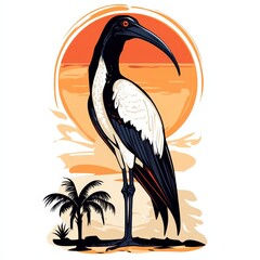 Obraz premium Stylized Sacred Ibis Standing Proud Against a Sunset Backdrop with Palms