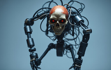 Fantastic fictional cyborg robot skull with wires and mechanisms on a gray background. Post-apocalypse. Character.