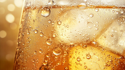 Glass of soda with bubbles and refreshing ice close-up