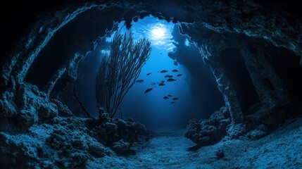 Obraz premium Underwater scene featuring marine life and coral formations illuminated by sunlight.