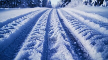 Winter Wonderland: Close-up of Car Tire Tracks Forming Intricate Patterns on Icy Snowy Road Surface