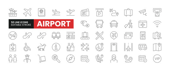 Set of 50 Airport line icons set. Airport outline icons with editable stroke collection. Includes Passport, Waiting Area, Shuttle, Custom Officer, ATM, and More.