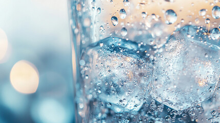 Glass of soda with bubbles and refreshing ice close-up