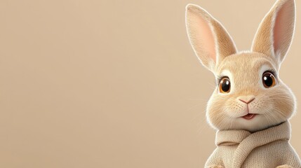 Obraz premium A delightful rabbit character stands proudly in a stylish gray coat and sweater, providing a whimsical touch to the beige backdrop with remarkable lifelike features