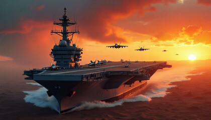 American aircraft carrier sailing on the ocean at sunset with fighter jets taking off