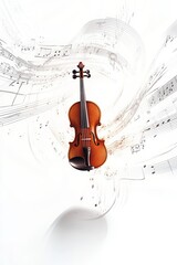 Fototapeta premium Elegant violin surrounded by swirling music notes on a white background.