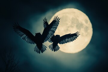 Obraz premium Two owls flying against a large, luminous moon in a dramatic night sky.