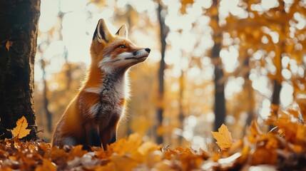 Fototapeta premium Cute Red Fox in fall forest. Beautiful animal in habitat. Wildlife scene from the wild nature