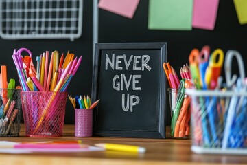Close-up of a chalkboard displaying 'NEVER GIVE UP' surrounded by school supplies