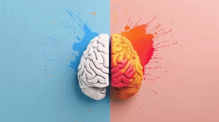 Split brain with blue and pink paint splashes, symbolizing logical and creative thinking