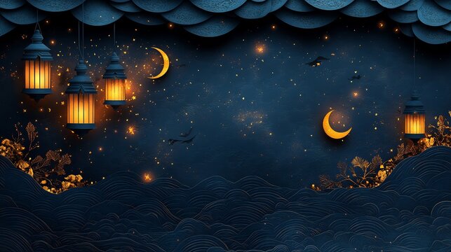 Dark dramatic paper cut style with lanterns casting shadows over a textured background of moons and stars set on a deep black and gold gradient with space for text on the left