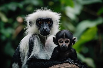 A close-up of a black-and-white monkey and its baby in a lush green environment.