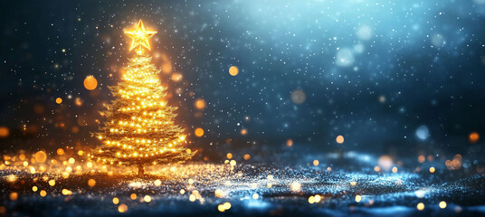 Naklejka premium A golden Christmas tree and shining star against a blue Christmas background