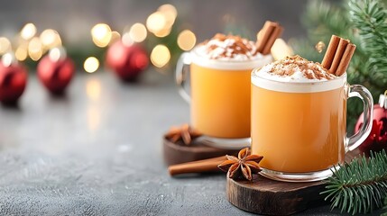 Cozy and Inviting Hot Apple Cider Served in Glass Mugs with Cinnamon Sticks and Festive Holiday in the Background Evoking a Warm and Comforting Atmosphere