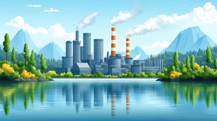 Obraz premium Industrial factories near river, surrounded by mountains and trees, reflect in water, showcasing blend of nature and industry