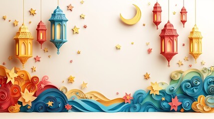 Decorative paper cut style design showcasing cluster of hanging lanterns surrounded swirling stars and crescent moons all in bright colors on a soft white background with space for text at the bottom