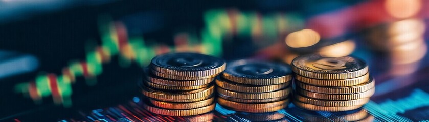 Stacks of coins with financial graphs background