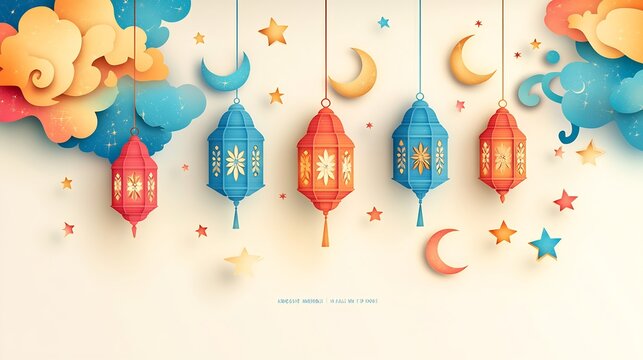 Decorative paper cut style design showcasing cluster of hanging lanterns surrounded swirling stars and crescent moons all in bright colors on a soft white background with space for text at the bottom