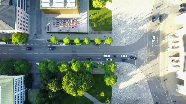 Aerial view, drone flying over K&ouml;nigsplatz at sunset in Munich, Germany