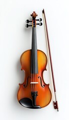 Fototapeta premium A beautifully crafted violin with a bow, showcasing its warm wood tones and elegant features.