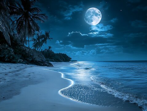 Tranquil, moonlit beach with starry sky, high quality, photorealistic, reflection, peaceful, idyllic, scenic. The full moon rises over a rocky beach. The waves are gently crashing on the shore. 
