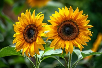 Obraz premium Two bright yellow sunflowers growing tall and facing the sun on a summer day