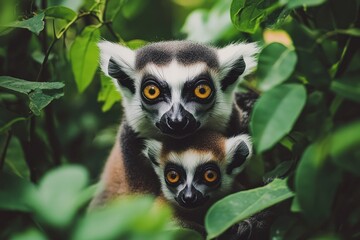 Obraz premium Two lemurs nestled among green foliage, showcasing their striking features and expressions.