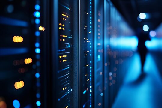 Data center with servers and bright lights.