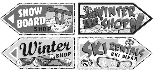 Fototapeta premium Set of vintage grunge posters for snowboarding and winter sports shops with snowboarder performing trick and mountain landscapes. Winter poster or sign