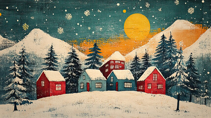 San Bernardino, classic traditional Christmas wood block print effect. Woodblock Xmas theme printing. Graphic designed, illustration for travel poster, card, wallpaper, backdrop or banner