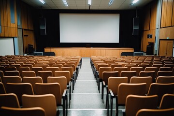 Fototapeta premium Empty lecture hall with rows of seating and a large screen ready for a presentation event in a quiet educational environment. Generative AI