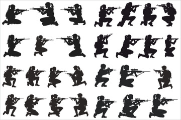 Soldier silhouette icon vector. Set of woman soldiers in various poses silhouettes vector. Young woman soldier firing position silhouettes. Vector illustrations of woman soldiers in firing position