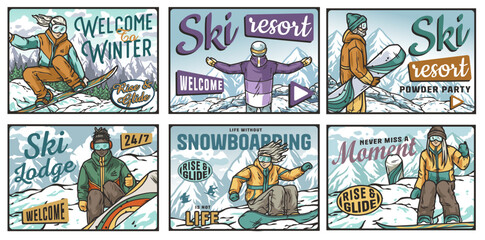 Set of posters with snowboarders enjoying winter sports and snowy mountain landscapes. Winter poster or sign